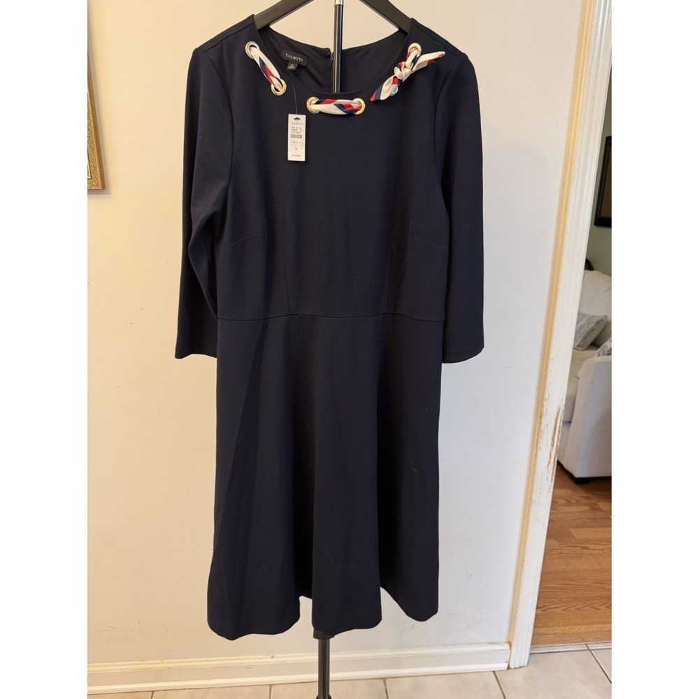 Talbots Navy Ponte Knit Fit & Flare Dress w/Scarf Grommet Detail Size 12 NWT
